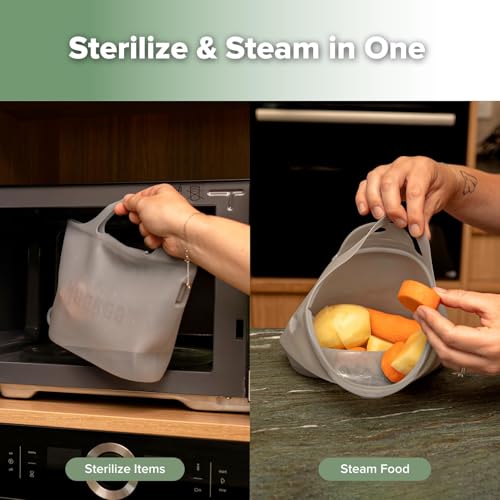 Image of Haakaa On-The-Go Silicone Microwave Steam Sterilizer Bags for Travel, 40oz /1250ml Reusable Silicone Steaming Bags for Baby Bottles, Breast Pump, Accessories, Pacifiers, Teethers, Grey /2PCS