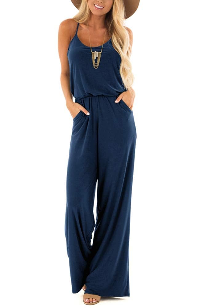 Women's Summer Sleeveless Spaghetti Strap Sexy Jumpsuit Rompers Wide Leg Pants Suit