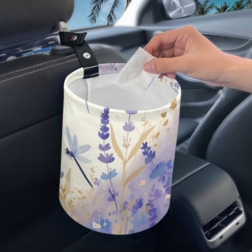 Image of Purple Dragonfly Mini Car Trash Bin Car Garbage Can Car Storage Bag Waterproof Multipurpose Car Organizer Car Accessories for Women Interior