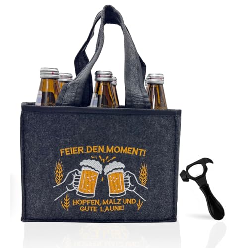OFFAXE Bolsa de fieltro para 6 botellas – Bolsa de cerveza para hombres de fieltro de 3 mm con 6 compartimentos, regalos de cerveza para hombres, incluye abrebotellas DIY en camiseta de fútbol, gris