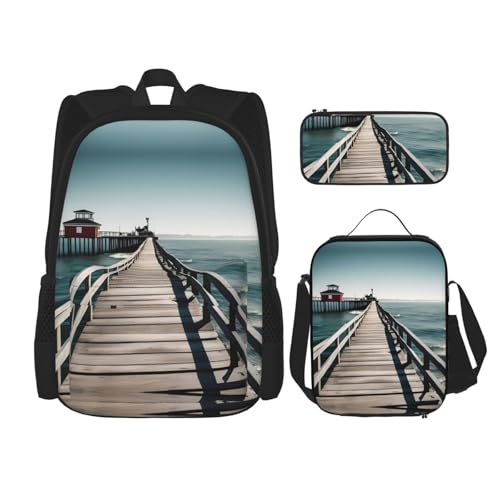 Coastal Pier 3-Piece Set Backpack, Lunch Bag, And Pencil Case, Casual Cute Sets For Travel And College