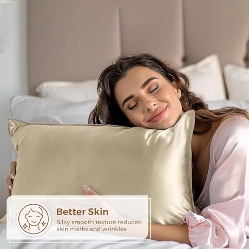 Image of Premium Satin Pillowcase Set of 2 with Eye Mask & 3 Scrunchies | Silky Soft, Anti-Frizz, Skin & Hair Care Sleep Set | Luxury Gift Combo for Women & Girls (Champagne)