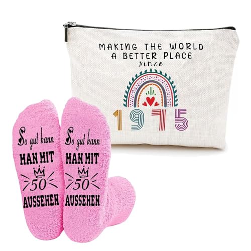 XFSRG Cadeaux d'anniversaire pour Femmes Trousse de Maquillage et Chaussettes Cadeau avec Motif Année et Arc-en-Ciel Cadeaux Sac Cosmétique de Voyage pour Mère Épouse Meilleur Ami Petite (1975)