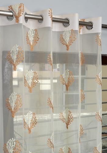 Image of littlelotus Floral Embroidery Tissue Net Sheer Transparent Curtains for Door 9 feet Long Set of 2, Cream