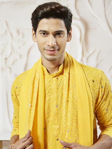 Image of VASTRAMAY Men Men's Yellow Georgette Kurta Patiala And Dupatta Set