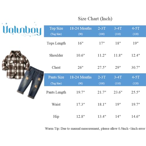 Volunboy Roupas de outono para meninos, xadrez, flanela, botões, calça jeans de inverno, de 18 meses