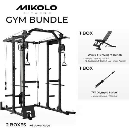 Image of Mikolo Power Cage, Power Rack with Cable Crossover System, 1500LBS Squat Rack with LAT Pull Down System, Workout Cage with Pulley System for Fitness Home Gym