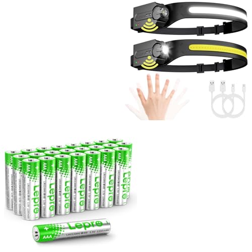 Lepro Bundle - AAA Batteries 24 Pack & LED Headlamp Rechargeable - Super Bright Head lamp with Motion Sensor 2 Packs