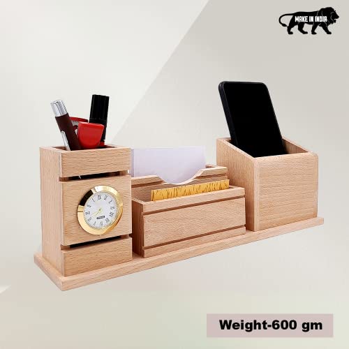 Image of WOOD HOUSE Pen Stand, Lightweight Office Use, Table Study, Wooden Stand with Holders (Stand With Clock)