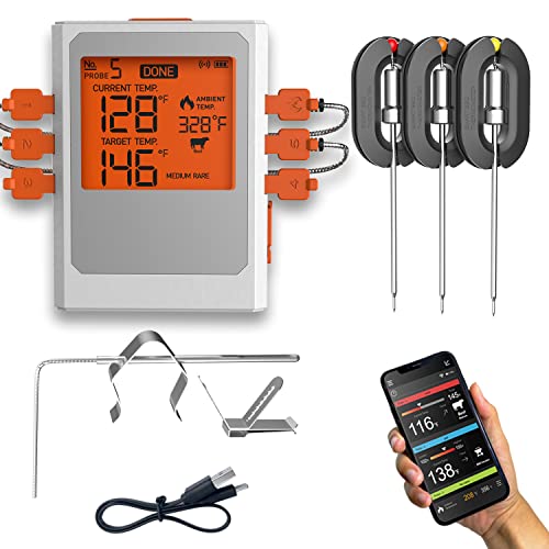 AidMax WiFi Meat Thermometer for Smoker Oven, WiFi Grill Thermometer Supports 1 Ambient Temperature Probe and 5 Meat Probes, Waterproof BBQ Thermometer for Grilling Smoking