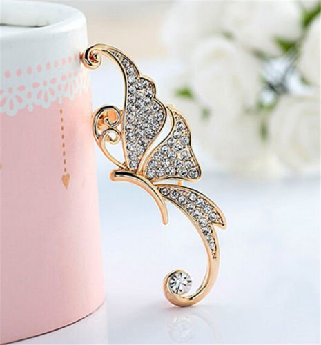 ERAWAN Womens Rhinestone Butterfly Ear Cuff Clip Fashion Punk Crystal Cartilage Earring EW sakcharn (White + Gold)