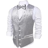 Barry.Wang Mens Silver Shiny Vest V-neck Silm Fit Suit Waistcoat Bowtie Set Party Prom Tuxedo