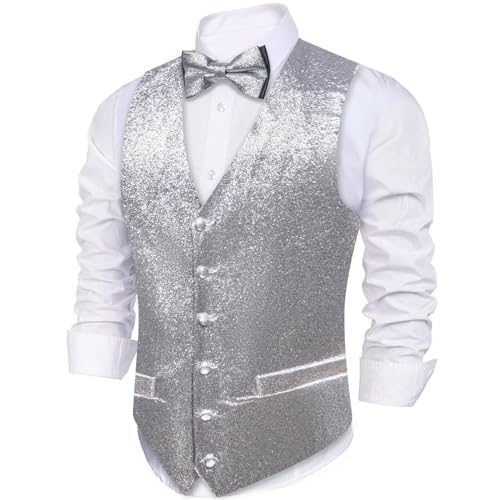 Barry.Wang Mens Shiny Vest V-neck Silm Fit Suit Waistcoat Bowtie Set Party Prom Tuxedo Formal Casual - Main Image