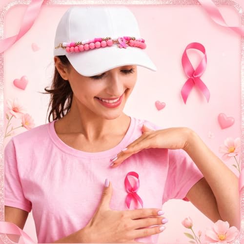 Image of Geyoga 9 Pcs Breast Cancer Awareness Trucker Hat Chains Pink Trucker Hat Charms Women Man Bill Decoration Detachable DIY Metal Chain for Mesh Baseball Cap