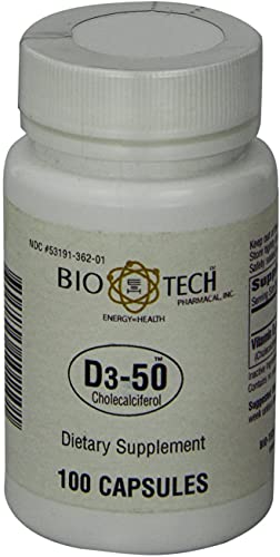 Bio-Tech Pharmacal D3-50 50,000 Iu, 100 Capsules – All-Natural Supplement – Supports Bone, Cardiovascular, Neuromuscular, & Immune Health – No Dairy, Fish, Gluten, Peanut, Shellfish, & Soy #TOP3