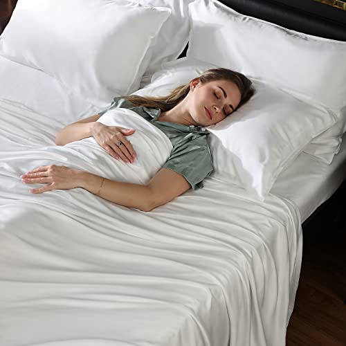Kaisa Pure 100% Bamboo Sheets 6pcs, Organic Bamboo Cooling Sheets, Luxury Silky Soft Durable - Flaat and Fitted Sheets and Four Pillowcases, 6 Pcs Bedding Sets with 40.6 cm Deep Pockets, King, White Cover
