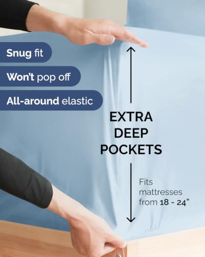 Image of Extra Deep Flex Top Split Head King Sheet Set - 6 Piece Breathable and Cooling Sheets - Hotel Luxury Bedding for Women, Men, Kids & Teens - Easy Secure Fit - Extra Deep Pockets - Sky Blue