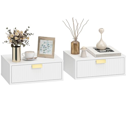 HOMCOM Modern Floating Nightstands Set of 2 Wall Mounted Bedside Tables with Fluted Drawer for Bedroom and Living Room 40W x 30D x 15H cm White
