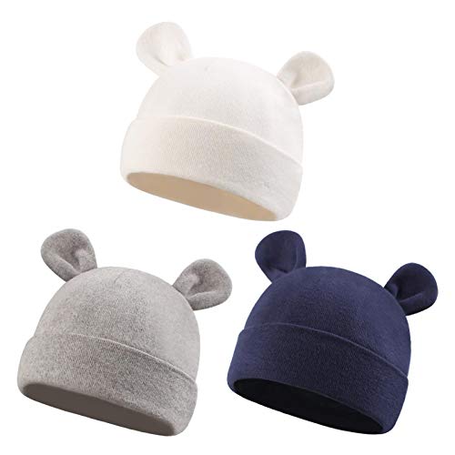 Image of Duoyeree Baby Hat Newborn Hat Adorable Cotton Bear Ear Beanie Cap for Infant Girl Boy 0-6 Months, Grey White and Navy