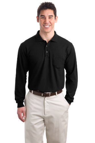 Port Authority Long Sleeve Silk Touch Polo with Pocket, Black, Medium