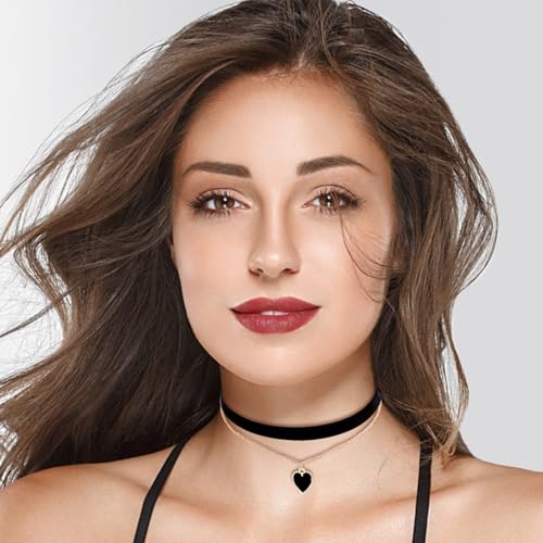 Yolev Schwarze Samt Choker Halskette Elegantes Herz Anhänger Halsband Verstellbare Geschichtete Halskette Punk Gothic Schmuck für Damen und Mädchen