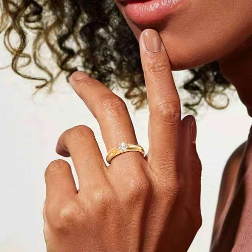 Chunky Gold Rings for Women - 14K Gold Plated Dome Womens Statement Rings Marquise Cubic Zirconia Wedding Band Stacking Thick Bands Dainty Jewelry Birthday Anniversary Present for Her3