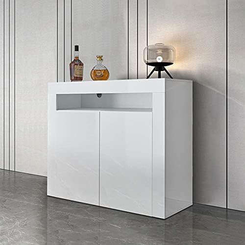 CLIPOP 2 Door LED Sideboard Cabinet, High Gloss Front Matt Body Storage Cupboard with LED Lights, Living Room Display Cabinet for Hallway Dining Room