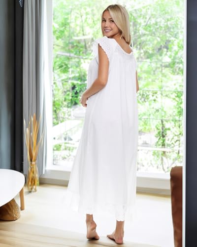 Alexander Del Rossa Long White Cotton Nightgowns for Women, Summer Nightgowns for Women Soft Cotton3