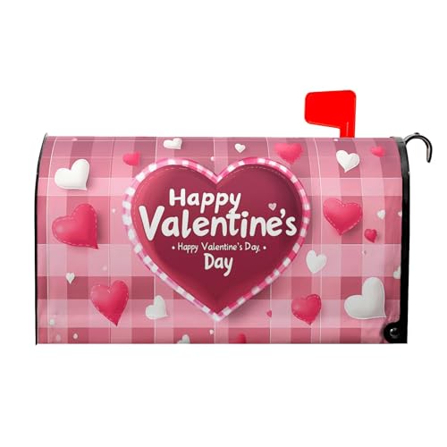 Valentine's Day Plaid Pink Love Mailbox Covers Magnetic White and Pink Love Heart Mailbox Cover Standard Size 18 X 21 Inch Valentines Day Wrap Post Letter Box Decorative for Outdoor Home Garden Yard