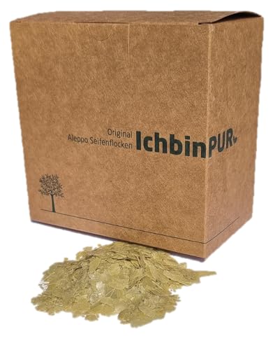 IchbinPUR – Original Aleppo Seifenflocken, Extra Fein, Schnell Wasserlöslich, 100% Olivenöl, Traditionelles Rezept, Naturseife, Savon d‘Alep, Aleppo Soap Flakes, Plastikfrei
