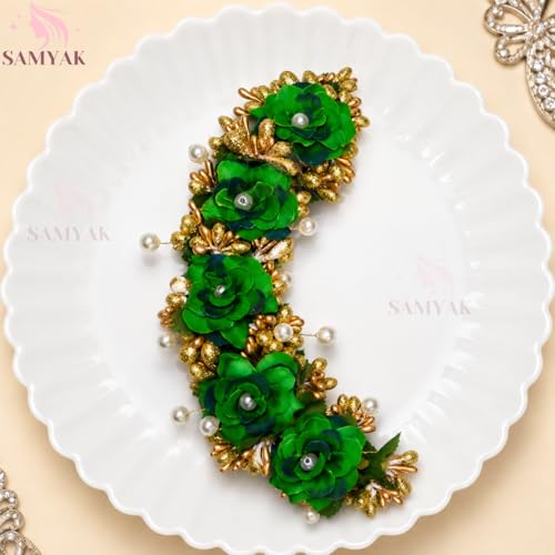 Image of Samyak Beautiful Hair Gajra Garland Handmade Floral Wedding Bridal Bridesmaid Hair Jewellery Bun | Juda Accessory | Tiara | Hair Vine | Hair Accessory | Hair Pin Clips Veni (Dark Green)