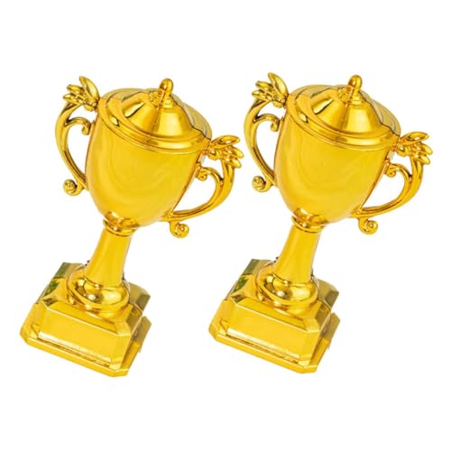 ARTSEWPLY Pequeños Trofeos de Plástico Color Oro 2 Piezas para Decoración de Tartas y Premios en Cumpleaños Infantiles y Torneos Deportivos