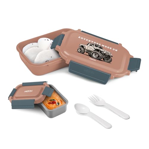 Image of MILTON Super Sherry Tiffin Lunch Box for Kids, 780 ml | Leak-Proof Inner Container with Clip Lock Lid | BPA Free, Food Grade | Compact & Durable Snack Box with Plastic Spoon & Fork | Brown