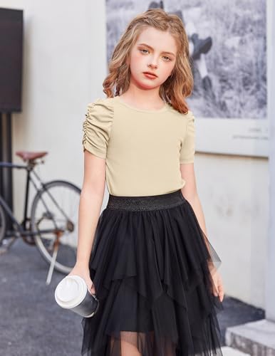 Image of Arshiner Girls Puff Short Sleeve Shirts Summer Ribbed Knit Crewneck T Shirt Tops Tee Blouse