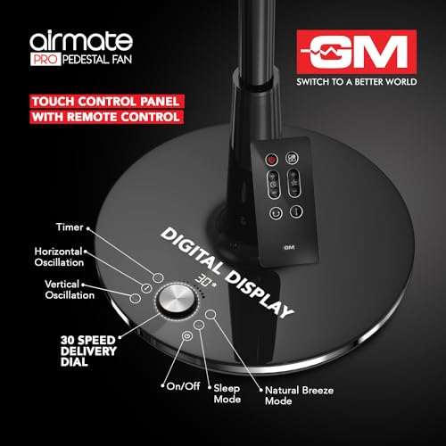 Image of GM Airmate Pro Pedestal Fan with Remote | Black| 230mm Sweep | BLDC Motor | 3D Oscillation | 30-Speed Control | Silent Operation | Timer | Adjustable Height | Powerful Cooling Fan