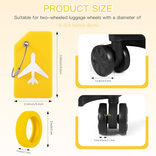 2 Pcs Silicone Luggage Tag for Suitcases with Stainless Loop, 8 Pcs Luggage Wheel Covers, Wear-Resistant, Anti-Noise, Silicone Luggage Wheel Protective Covers for 2-2.4" Spinner Wheel. (Yellow)2
