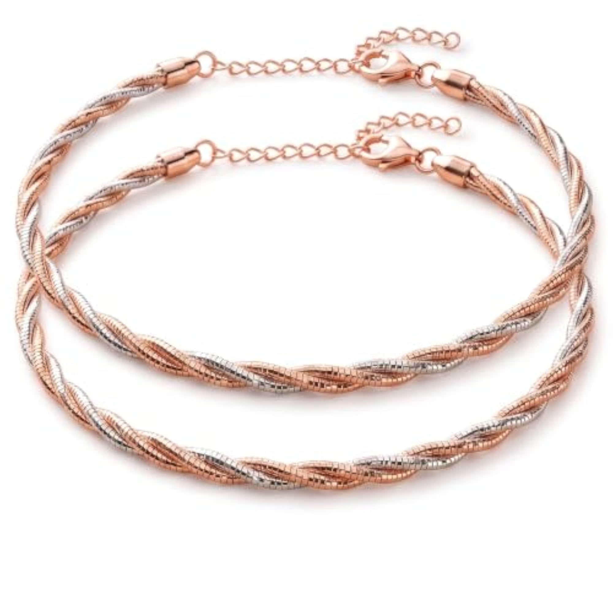 Women's 925 Pure Silver Rose Gold Link Anklet, Pack of 2