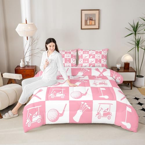Image of Feelyou Golf Comforter Set Full Size Pink White Plaid Buffalo Check Geometric Bedding Set for Kids Boys Girls Sports Theme Duvet Quilt Bedroom Decor Microfiber 3 Pcs with 2 Pillow Cases