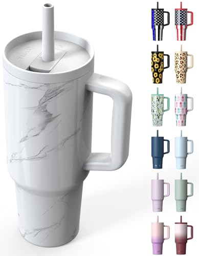TILUCK 40 oz Tumbler with Handle, Vacuum Insulated Stainless Steel Travel Mug with 100% Leak-Proof Silicone Straw Lid, Cupholder Friendly Water Bottle(Marble, 40oz)