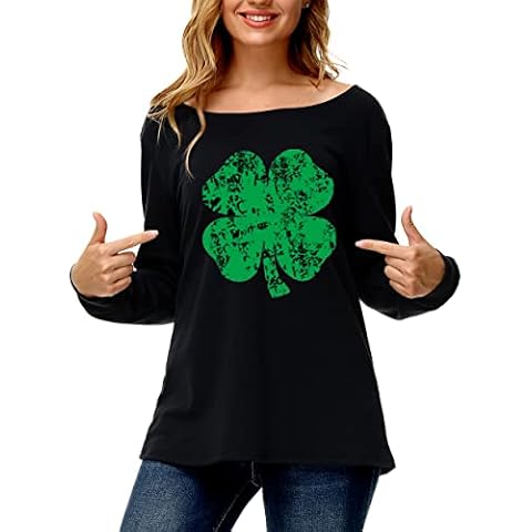 Deerose Womens Thanksgiving Christmas Sweatshirt Long Sleeve Off Shoulder Shirt, Clover Black, Large Cover