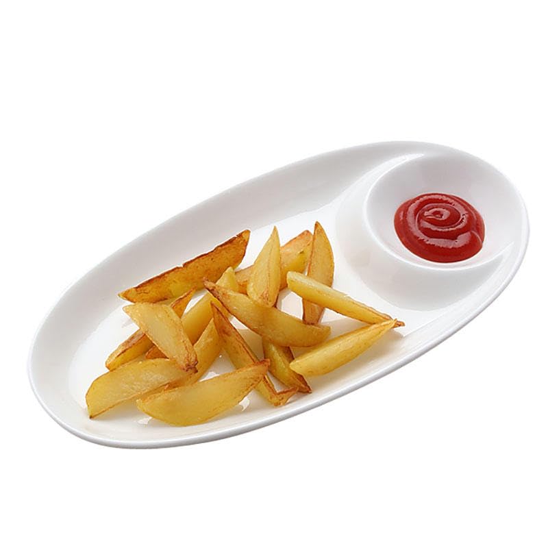 Image of Elegant Oval Melamine Serving Platter with Integrated Sauce Well 13 Inch Set of 1, Chip-Resistant White Appetizer Dish for French Fries, Sushi, and Dumplings