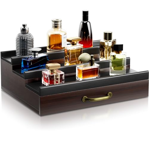 YIKIBOX Cologne Organizer for Men,Wooden Perfume Organizer with Hidden Compartment and Drawer,Cologne Stand and Storage Display Risers for Dresser,Great Gift for Men/Friend?DarkBrown?