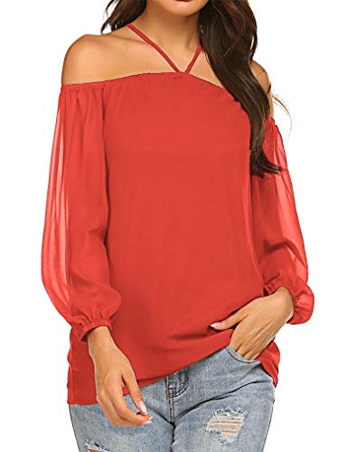 Miselon Women's Halter Chiffon Tops Summer Long Sleeve Spaghetti Strappy Cold Shoulder Shirts Blouses (L, Orange) Miselon Women's Halter Chiffon Tops Summer Long Sleeve Spaghetti Strappy Cold Shoulder Shirts Blouses (L, Orange)