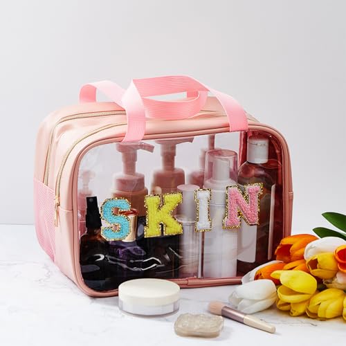 Geetery Chenille Letter Patch Makeup Bag with Handy Handle - Preppy Nylon Cosmetic Organizer with Zipper, Large Travel Toiletry Storage Bag for Women Portable Pink Makeup Case, Women Gifts2