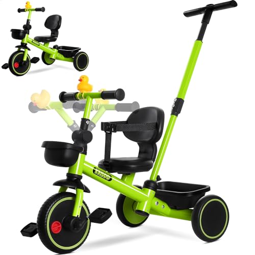 Image of KRIDDO 2-in-1 Tricycle for Toddlers 1.5-5 Years, Push Tricycle with Parent Steering & Detachable Handle, 9-Stage Adjustable Handlebar, Toddler Trike with Safety Belt, Clutch Pedals & Dual Baskets, GN