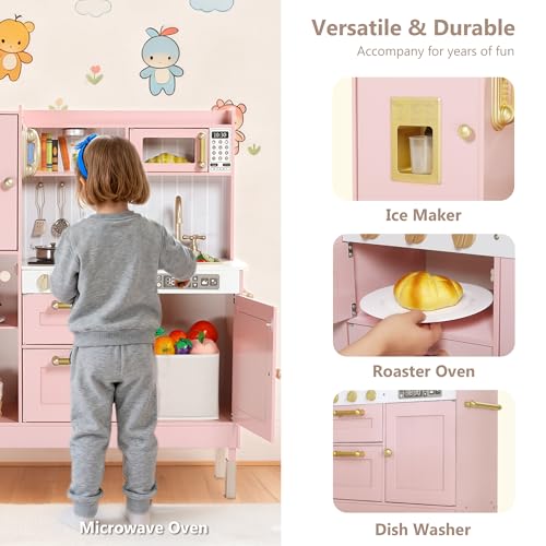 Kinder King Wooden Kids Play Kitchen, Kitchen Playset for Toddler Kid, Play Kitchen Toy Set w/Real Sounds, Pretend Microwave Oven, Ice Maker, Telephone, Gift for Boys Girls Age 3+, Pink