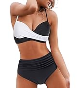 Yutdeng Badpak voor dames, 2-delig, vintage, bikiniset, hoge taille, badpak, met trekkoord, V-hals, ruches, badpak, crossover zwemkleding, Blauw #1, M