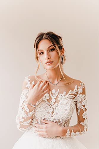 Sweetv Silver Bridal Jewelry Set For Wedding, 3-Pcs Long Floral Necklace Earring Bracelet Sets For Brides, Bridesmaids, Elegant Marquise And Cubic Zirconia Jewelry Set For Women Party Prom Gifts #TOP1