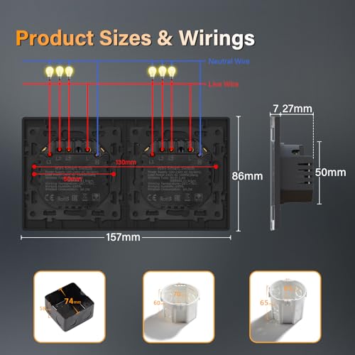 BSEED Lichtschalter Glas Smart WiFi Wechselschalter Compatibel mit Google Home und Alexa Neutrale Leitung Ben&ouml;tigt, 3 Fach 1 Weg, 157mm Schwarz