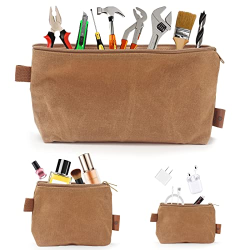 Wessleco 3 Pcs Small Tool Pouch, 16Oz Waxed Canvas Pouch With Zipper, 5.7/6.7/12.3 Inch Heavy Duty Tool Bag, Canvas Water Resistant Utility Pouch Organizer Tool Bag Pouch(Khaki) #TOP5